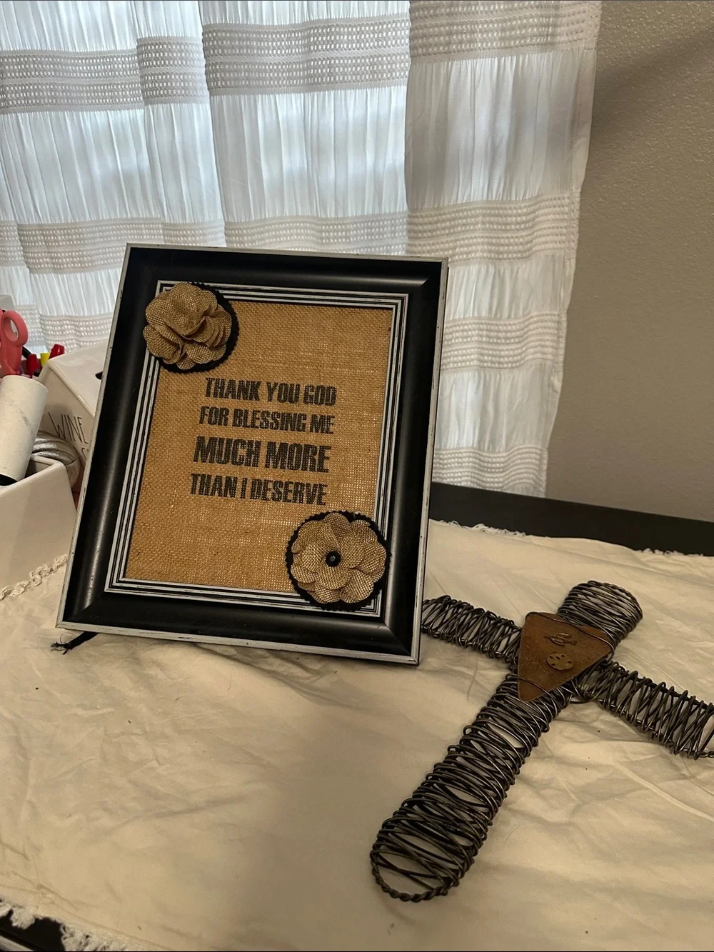 Framed Burlap Blessing Sign with Black frame & wire wrapped cross